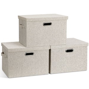 Aoibox Large 17 Inch 36 Quart Collapsible Stackable Storage Bins with Lids Beige Linen Fabric Closet Organizer Boxes 3 Pack - 1 of 4