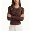 Women's Long Sleeve Crop Top Twist Front Cutout Detail Fitted Casual Elegant Shirt - 4 of 4