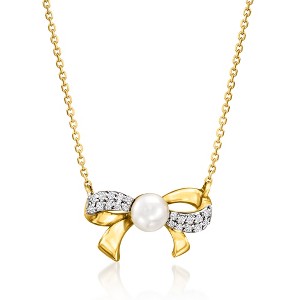 Pure Collection by Ross-Simons 4-4.5mm Cultured Pearl Bow Necklace With Diamonds in 14kt Yellow Gold Size 16 - 1 of 4
