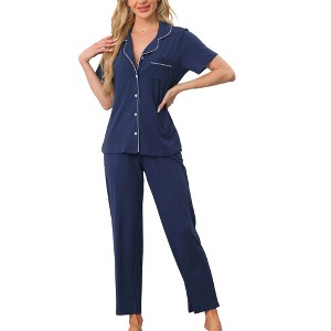 cheibear Women's Button Down Short Sleeve Shirt and Pants 2 Piece Pajama Set Loungewear - 1 of 4