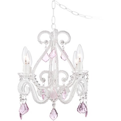 Regency Hill White Plug In Swag Chandelier 16" Wide Country Cottage Pink Crystal Scroll 4-Light Fixture Dining Room House Kitchen