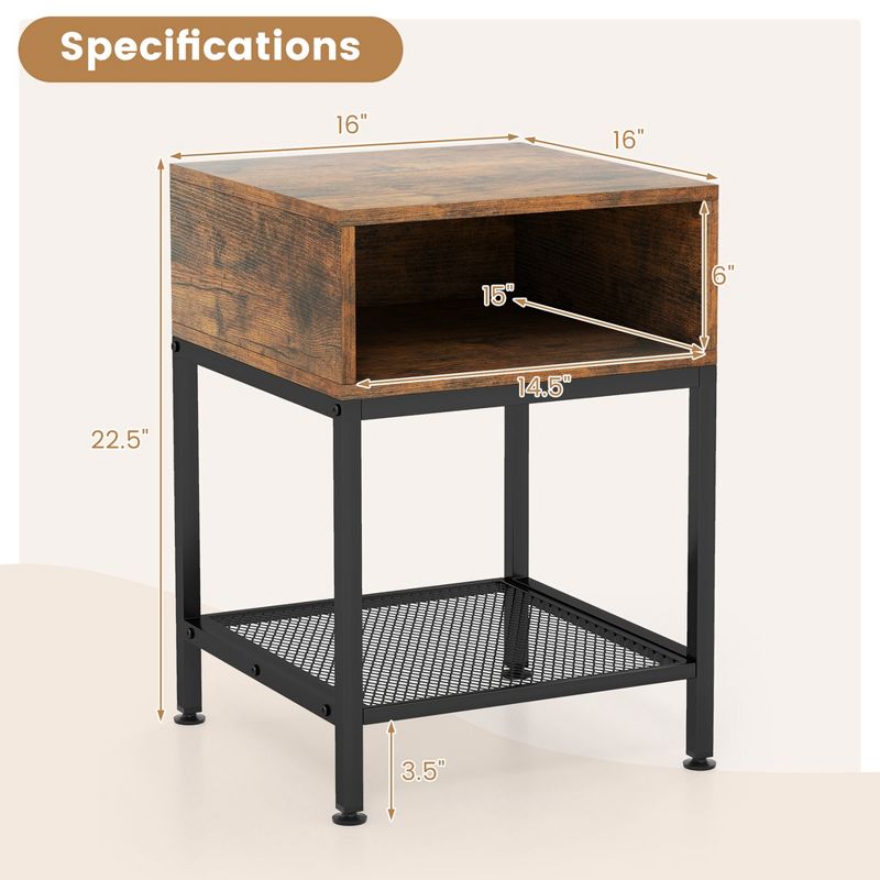 Costway 16" 3-tier Wood Top End Table w/ Metal Frame Storage Cube & Mesh Shelf Square, 3 of 11