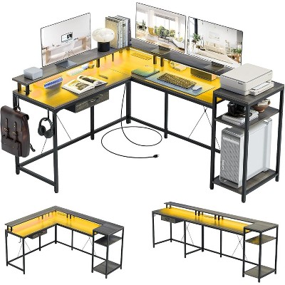 68 inch Gaming Desk with Power Outlet, Reversible L Shaped Desk with Monitor Stand & Storage Shelves, Corner Computer Desk