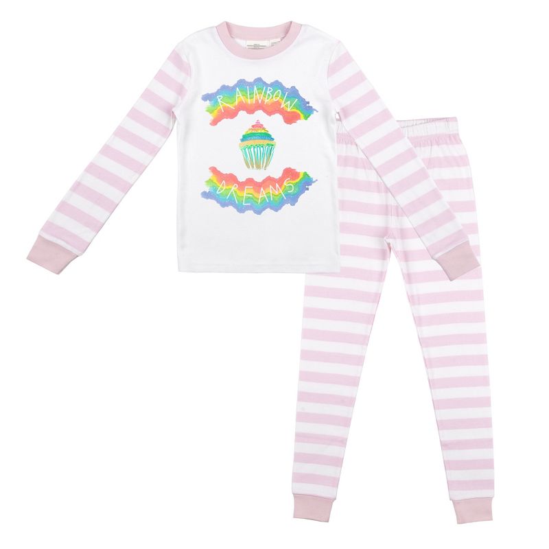 Rainbow Dreams Youth Girls Pink & White Striped Long Sleeve Shirt & Sleep Pants Set, 1 of 5