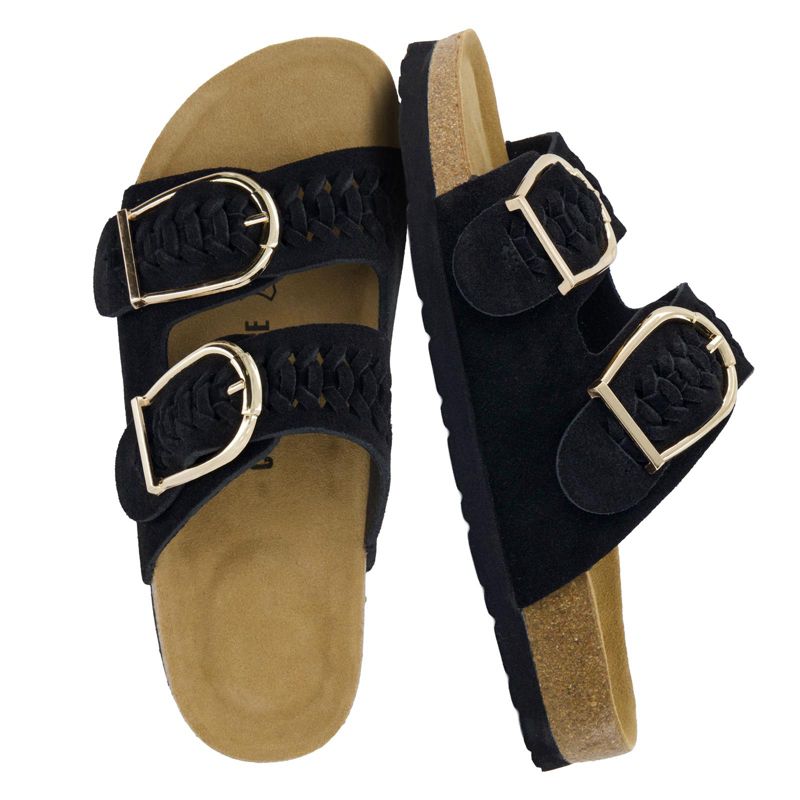 CUSHIONAIRE Cashew Slip On Genuine Suede Leather Womens Sandals - Braided Double-Strap Design with Big Buckle for Women 2026, Black 6