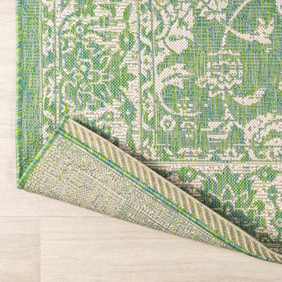 Tela Green and Cream Floral Flat Woven Runner Rug