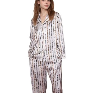 Anna-Kaci Lounge Women's Key and Chain Print Woven Pajama Set with Button Down Long Sleeve Top and Relaxed Fit Pants - 1 of 4