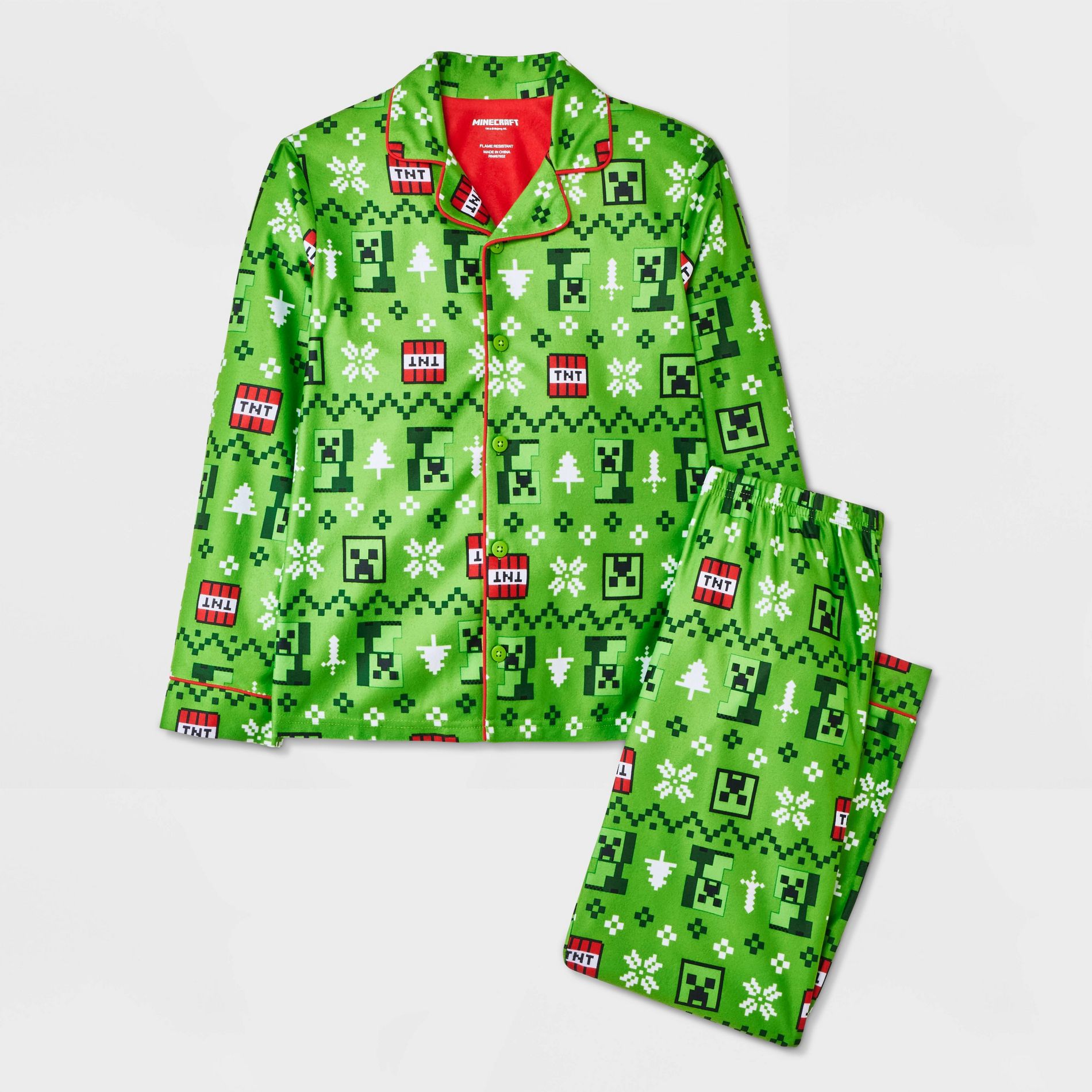 Boys' 2pc Minecraft Creeper Holiday Coat Pajama Set - Green