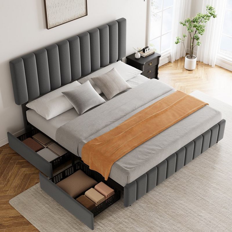 Whizmax Full Size Bed Frame with Adjustable Headboard and 4 Storage Drawers, Linen Upholstered Platform Bed Frame with Wooden Slats Support, Grey, 3 of 10