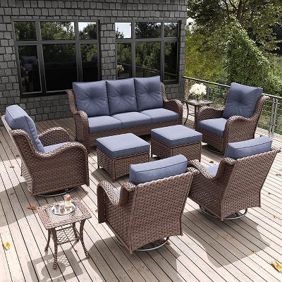 LayinSun Outdoor Patio Furniture Set, Brown Rattan Wicker Sectional Swivel Rocker Chairs Sets with Ottomans, Swivel Glider Chair
