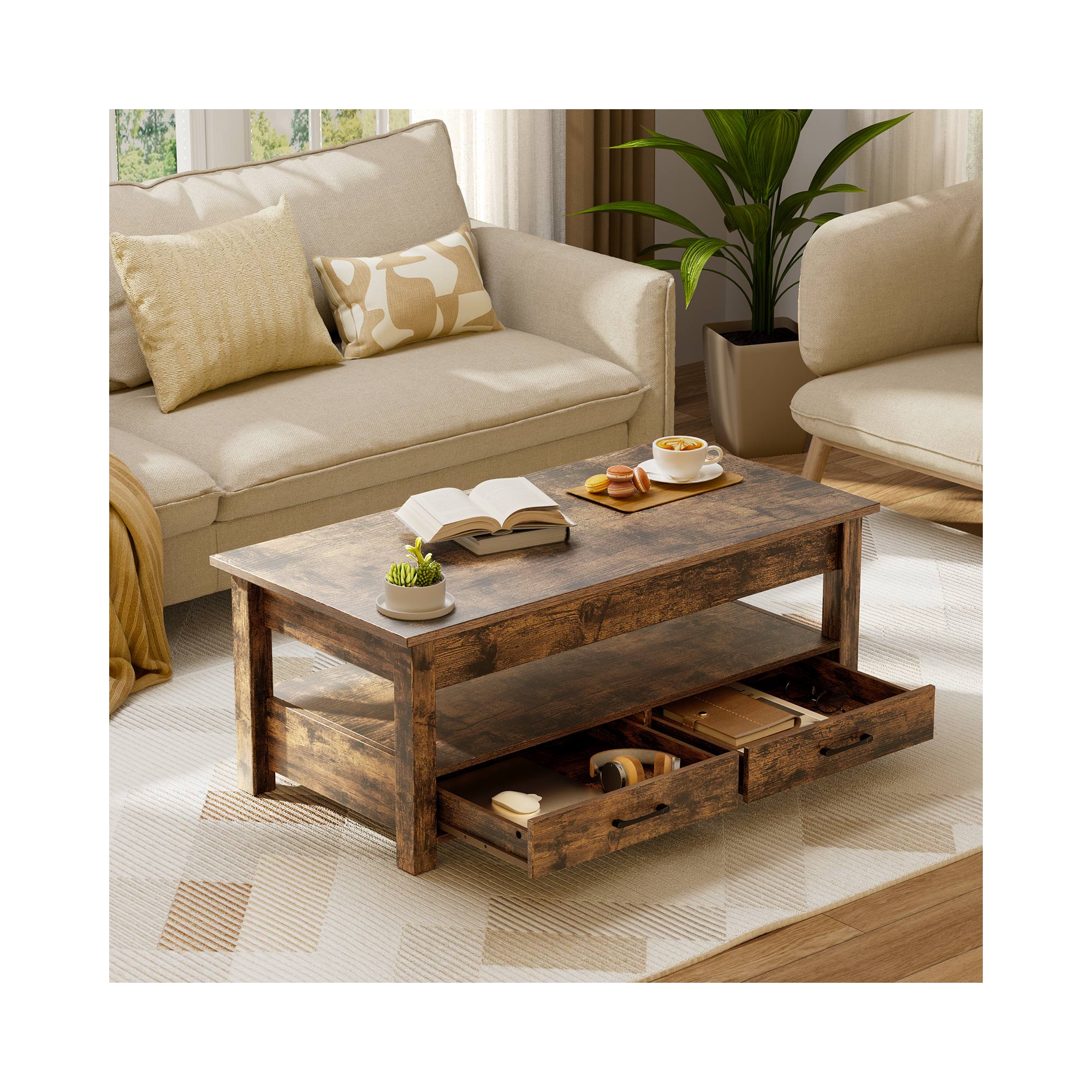 Greenstell 47.2 Inch Vintage Solid Wood Gas Pressure Lift Coffee Table with Drawers and Hidden Compartments for Storage, Rustic Brown