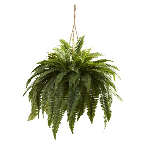 Nearly Natural 23 in. Artificial Green Boston Fern Plant in Handmade Jute and Cotton Basket with Tassels DIY Kit