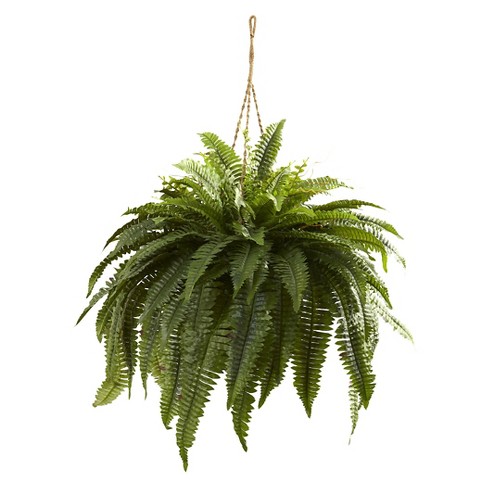 Galebeiren Artificial Ferns with Hanging Basket for Outdoors, 33in Large  Fake Boston Fern Faux Hanging Plant for Indoors Home Garden Porch Office