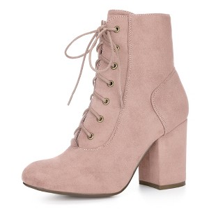 Allegra K Women's Lace Up Quilted Side Zip Soft Lining Chunky Heel Ankle Booties - 1 of 4