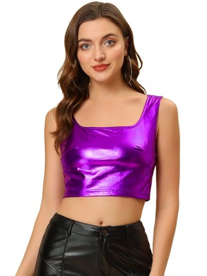 INSPIRE CHIC Women's U Neck Sleeveless Party Clubwear Shiny Metallic Crop Tank Tops