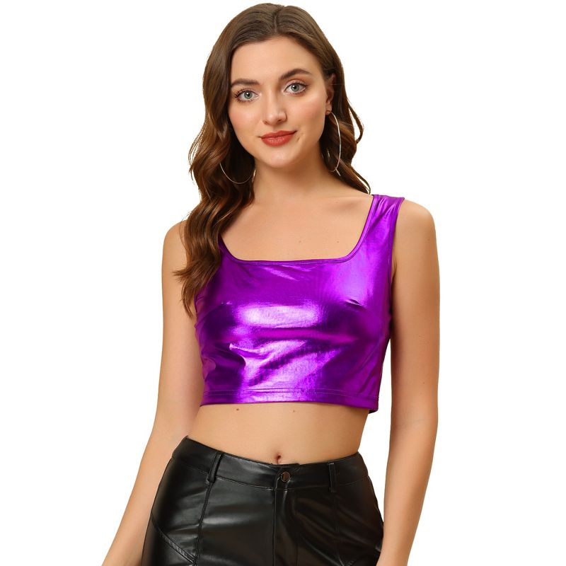 Allegra K Women's U Neck Sleeveless Party Clubwear Shiny Metallic Crop Tank Tops, 1 of 6