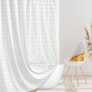 White 72x84 Inch Tufted Pleat Floral Shower Curtain Set with Hooks, Woven Fabric Modern Minimalist Bathroom Curtain - 1 of 4