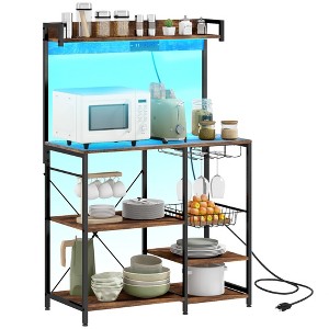 HOMCOM Kitchen Bakers Rack with Power Outlet and LED Lights, Microwave Stand, Coffee Bar with Metal Basket, Multiple Shelves and Glass Holders - 1 of 4