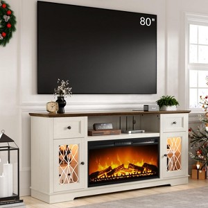 Dyonery Fireplace TV Stand for 80-inch TV, Modern Media Console with 36-inch Mantel and LED Lights, with Storage Drawers and Cabinet, White - 1 of 4