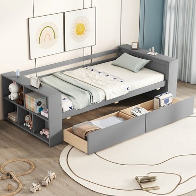 NicBex Twin Size Daybed with Storage Wooden Day Bed Frame Twin with 2 Drawers and 5 Shelves for Bedrooms, White