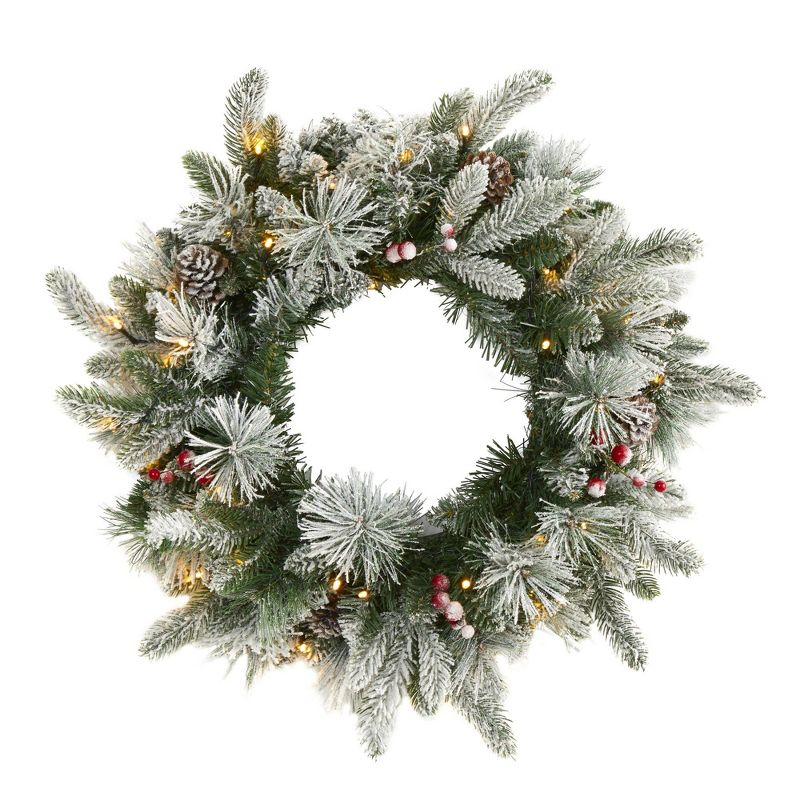 Nearly Natural 20” Flocked Mixed Pine Artificial Christmas Wreath with 50 LED Lights, Pine Cones and Berries, 1 of 2