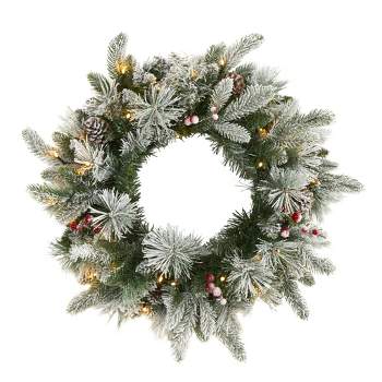 Nearly Natural 20” Flocked Mixed Pine Artificial Christmas Wreath with 50 LED Lights, Pine Cones and Berries