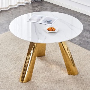 CENGHU Marble Grained Stone Round Dining Table, 42" Stainless Steel Leg Dining Table for 4-6 Pepole, 3-legged Coffee Table for Dining Room, Office - 1 of 4