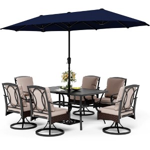 Captiva Designs 8pc Patio Rectangle Steel Dining Table & Rattan Chairs & Market Umbrella - 1 of 4