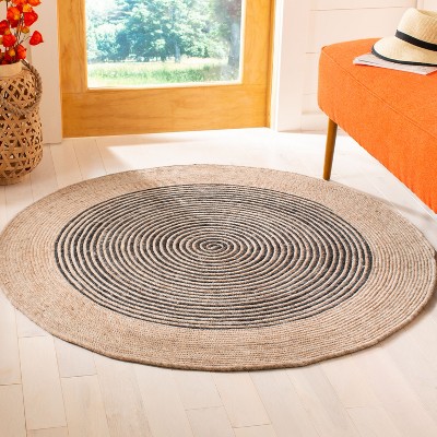 Handmade Beige and Black Geometric Wool Round Rug, 7'