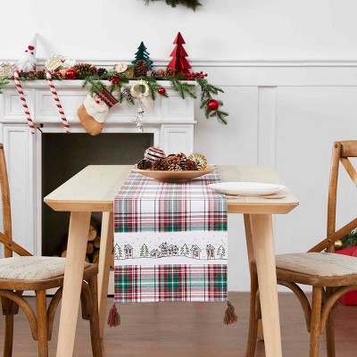 Holiday Plaid Cotton Table Runner with Embroidery and Tassels