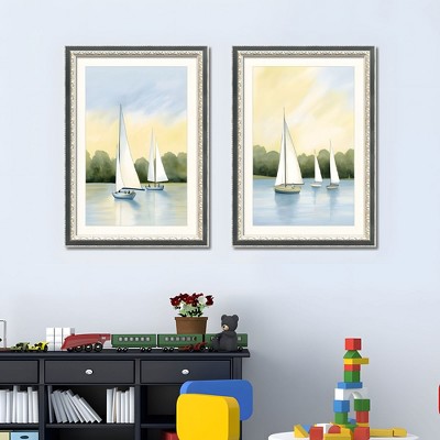 AZL1 Life Concept Wall Art 2 Piece Sailboat Framed Replaceable Canvas Prints Wood Frame for Modern Nautical Home Decor, Green, 21.5"*29.5"*4"