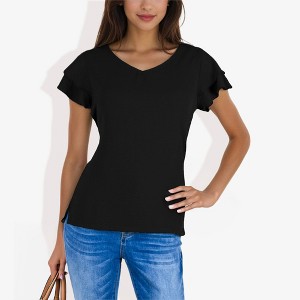 Anna-Kaci Women's V-Neck Short Sleeve Shirt with Soft Ruffle Sleeves and Textured Fabric for a Feminine Casual Look - 1 of 4