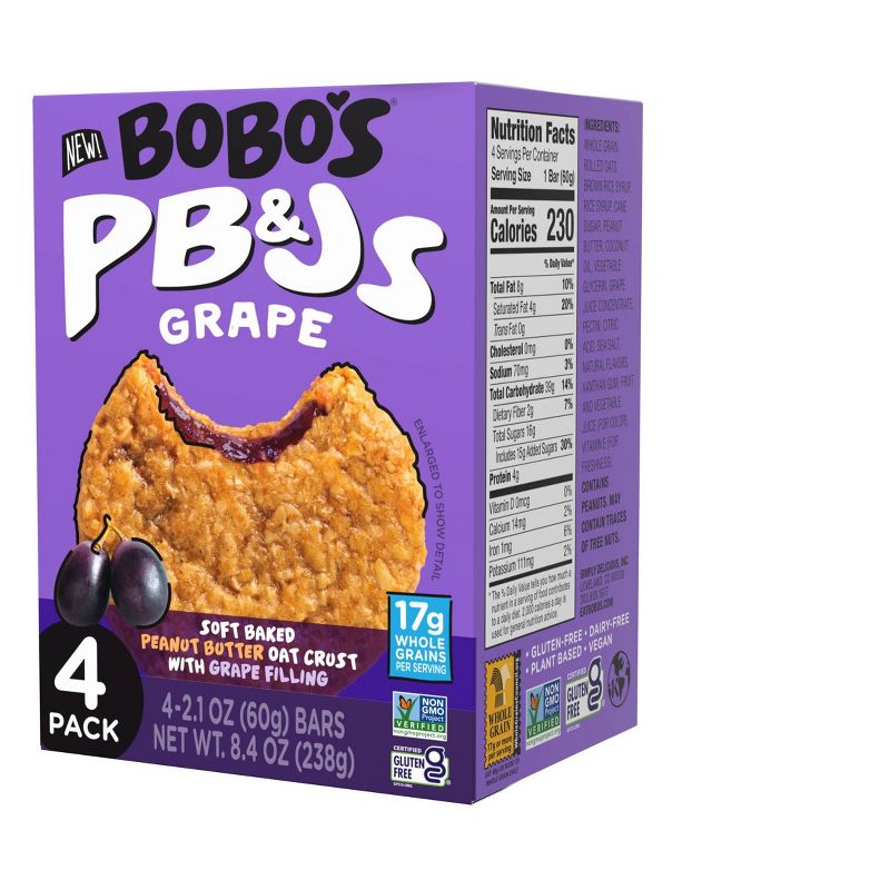 Bobo&#39;s PB&#38;Js Grape Soft Baked Peanut Butter Oat Crust Bars - 8.4oz/4ct, 3 of 10