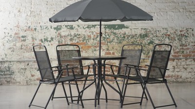 Navy 6-Piece Patio Set with Umbrella and Folding Chairs