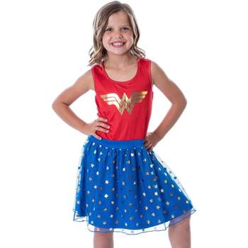 DC Comics Girl's Wonder Woman Logo and Stars Tank Nightgown Costume Pajama Red/Blue