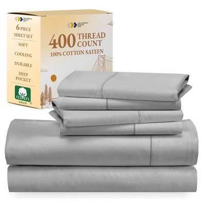 6 Piece Sheet Set with 4 Pillowcases - 400 Thread Count 100% Cotton Sateen - Deep Pocket by California Design Den