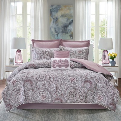 8 Pieces Cozy Comforter Set - Modern Classic Paisley Print Solid Reverse Design All Season Down Alternative Bedding Set, Matching Shams, Bedskirt, Decorative Pillows, Queen / King Lightweight Ultra Soft Bed Set with Royal Decor Style for Bedroom