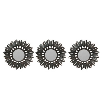 Set of 3 Floral Sunburst Brushed Silver Round Mirrors 9.5