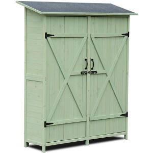 Outdoor Shed Storage Cabinet, Wooden Tool Storage Shed with 2 Removable Shelves, 3 Hooks, Double Door Outside Storage Cabinet for Garden, Patio, Yard - 1 of 4
