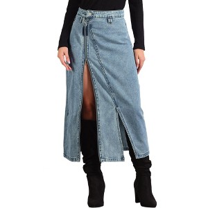 INSPIRE CHIC Women's Denim Zipper Front Split Long Skirt with Pockets - 1 of 4