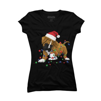 Junior's Design By Humans Saint Bernard dog christmas light costume hat santa Fairy lights By Rondes T-Shirt