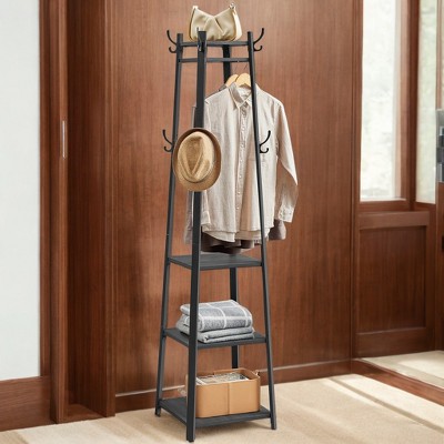 Industrial Black Steel Coat Rack with Shelves and Hooks