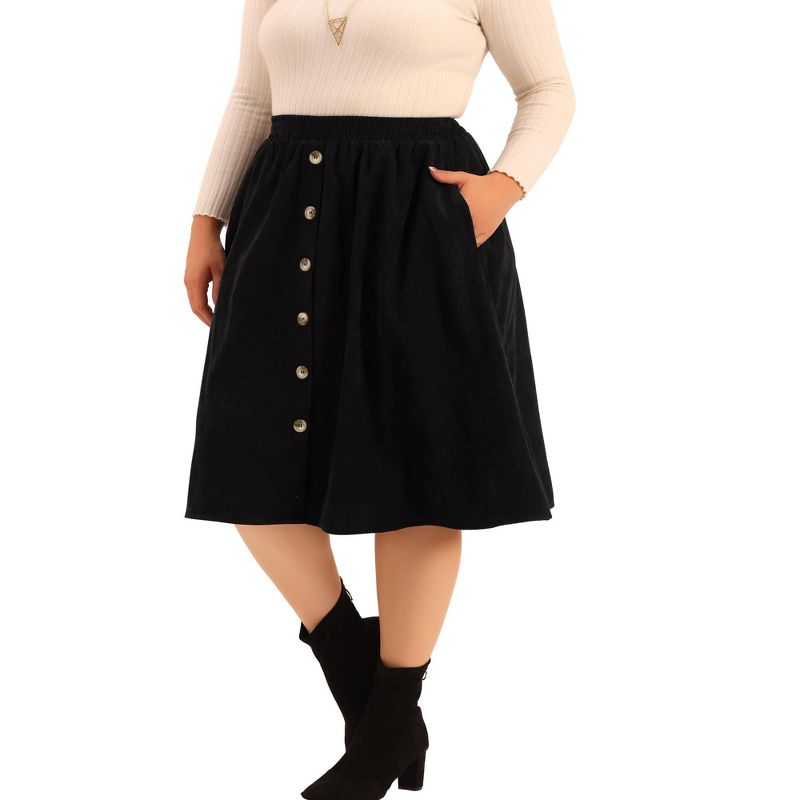 Agnes Orinda Women's Plus Size Elastic High Waist Button Front Pockets Midi Corduroy A Line Skirts, 2 of 6