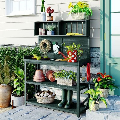 Sapphtopaz 65" Large Wooden Farmhouse Outdoor Potting Bench Table, Garden Potting Bench with 4 Storage Shelves & Side Hook, Potting Table for Outside