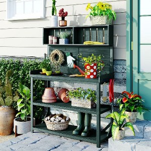 Sapphtopaz 65" Large Wooden Farmhouse Outdoor Potting Bench Table, Garden Potting Bench with 4 Storage Shelves & Side Hook, Potting Table for Outside - 1 of 4