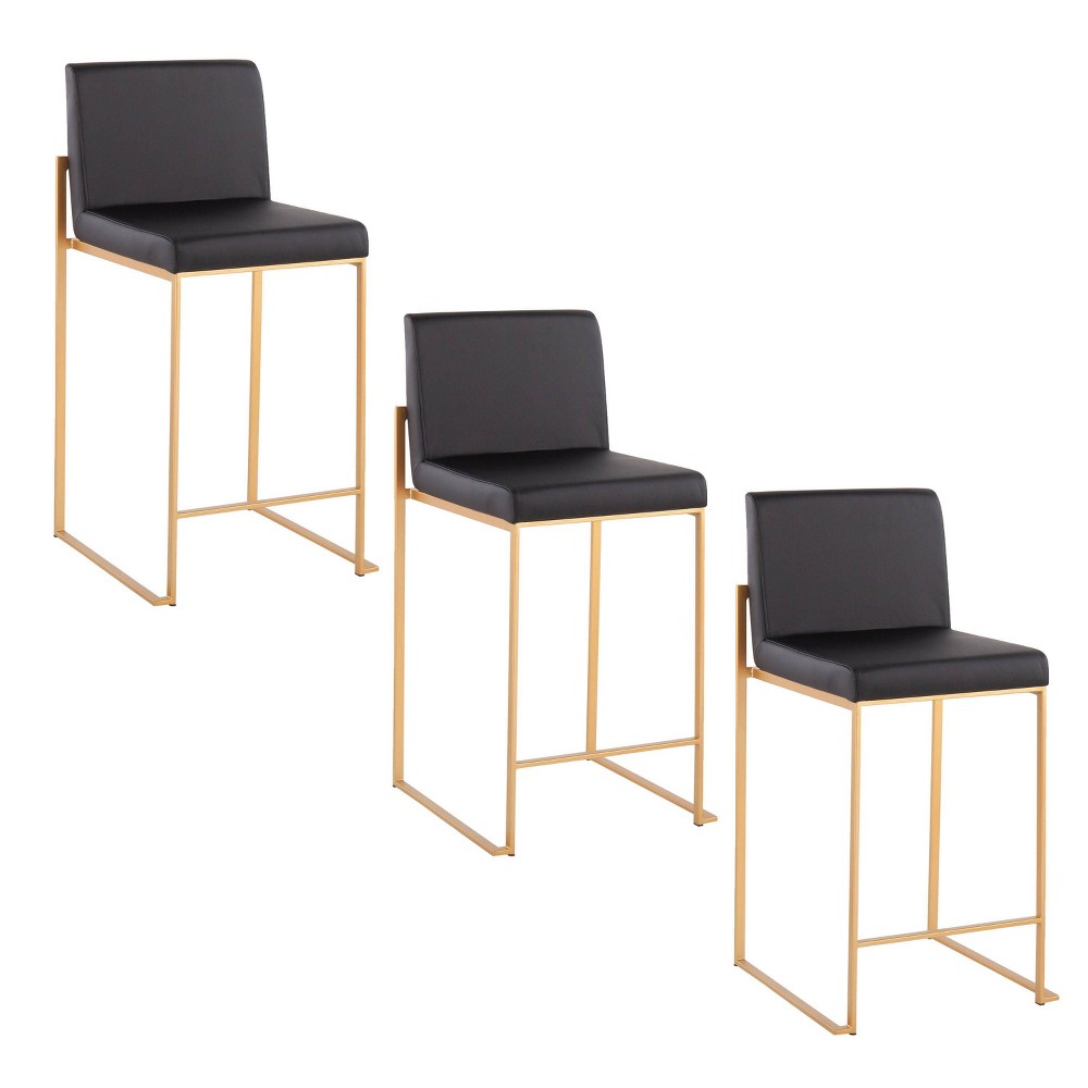 LumiSource Set of 3 Fuji High Back Counter Height Barstools Gold Steel/Black PU