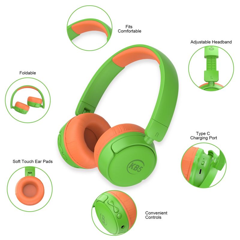 Contixo KB05 Kids Bluetooth Wireless Headphones -Volume Safe Limit 85db -On-The-Ear Adjustable Headset (Green), 4 of 12