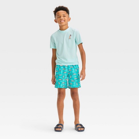 Boys' Short Sleeve Surf Board Printed Rash Guard Top & Swim Shorts Set -  Cat & Jack™ Blue XS