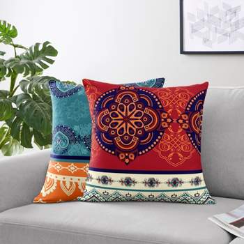 Sweet Jojo Designs Decorative Accent Throw Pillow Case Covers 18in. Each Red Boho Blue Orange 2pc