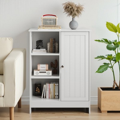 Freestanding Floor Storage Cabinet with Adjustable Shelves, Bathroom Organizer with 1 Door, 3 Open Compartments, Cabinet-The Pop Home